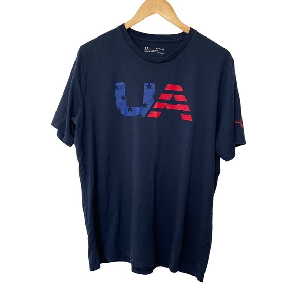 Under Armour Other - Under Armour Mens Size XL Loose Heatgear Short Sleeve Shirt Blue Graphic Print
